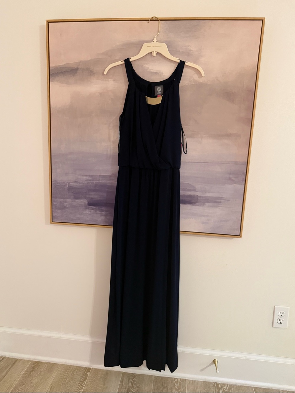 Blue Stretch Maxi Dress w/ Gold Metal at Neck Sleeveless‎ Draped V-Neck